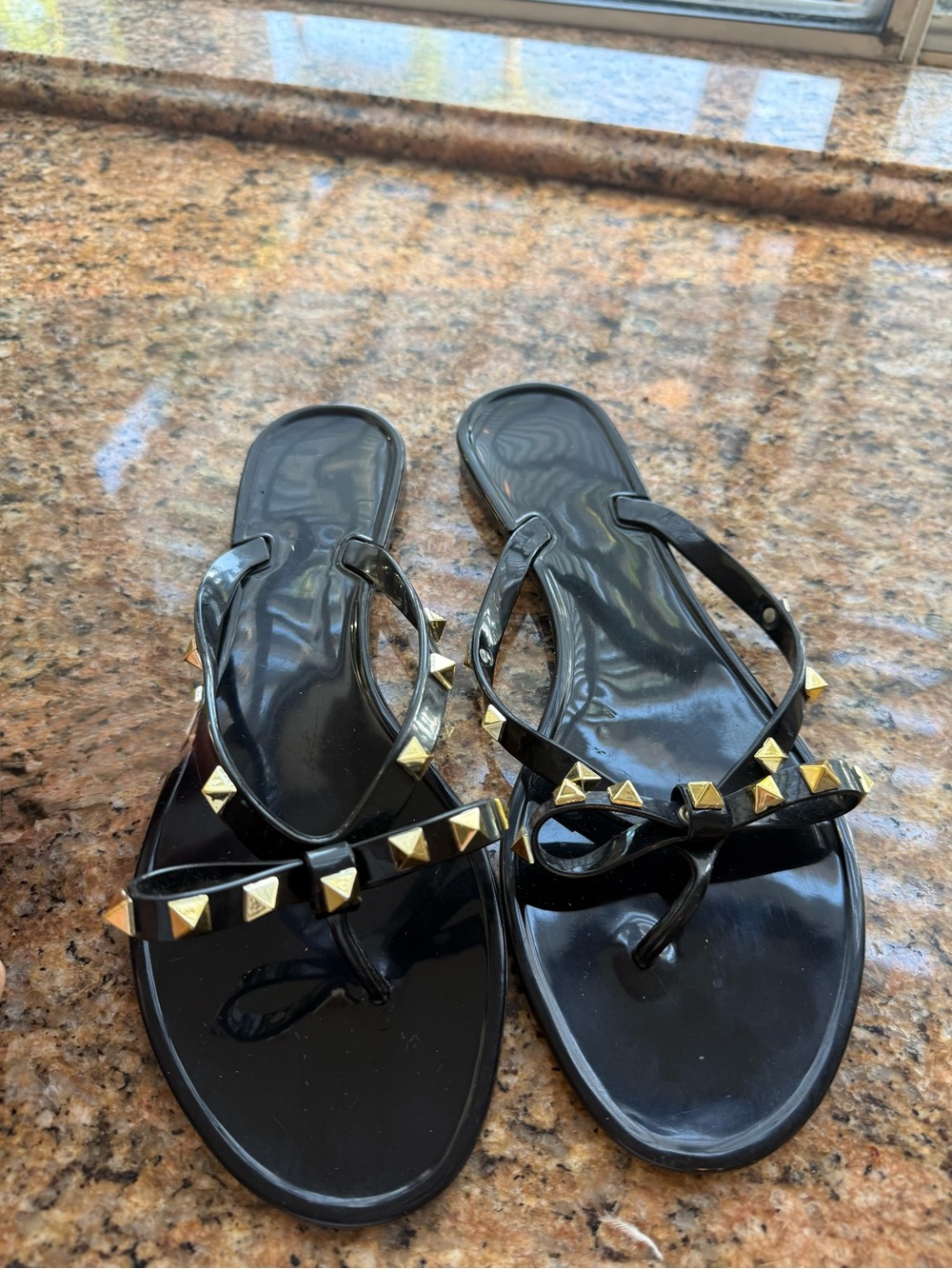 Nicole Miller Black Studded Bow Jelly Sandals